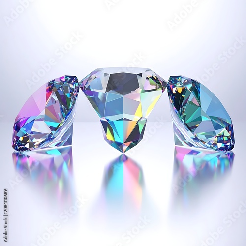 Three radiant faceted gemstones sparkling with light