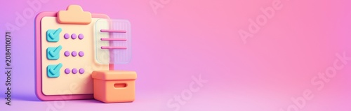 Colorful checklist clipboard and document icon with storage box on soft pink ...