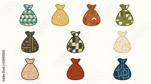 Flat Vector Money Bag Icons with Abstract Geometric Patterns, Diverse Styles and Colors, Graphic Resource Collection