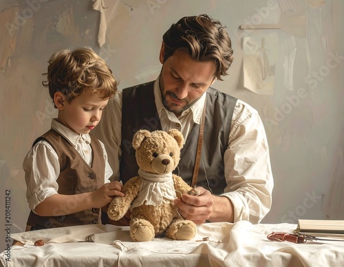 A kind father & young child focus on repairing a stuffed bear. They share an intimate moment of care and affection