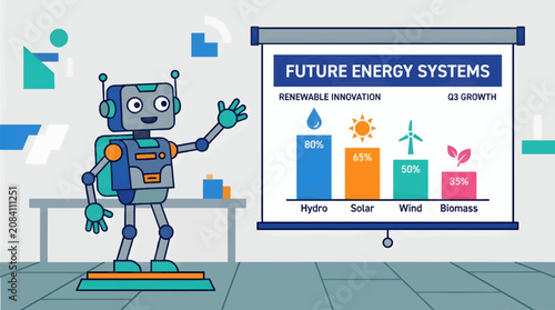 Flat Vector Robot Presenting Future Energy Systems Bar Chart with Renewable Innovation Data, Teal, Blue and Orange Color Palette, Clean Graphic Design