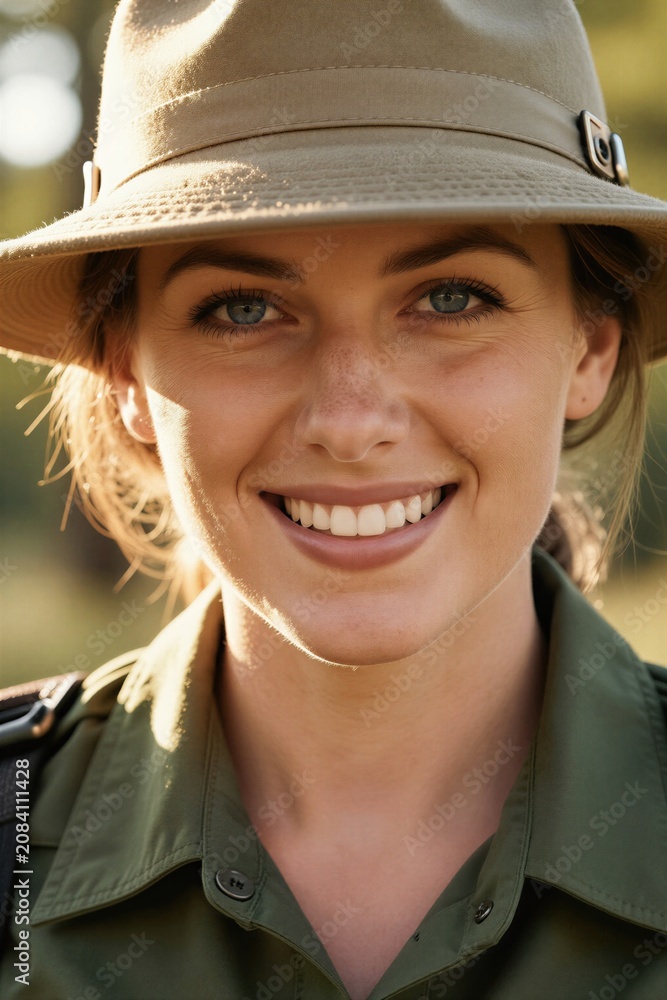 Fototapeta premium Woman park ranger smiles warmly wearing hat and uniform outdoors. Sunny forest background suggests conservation work. She looks confident and friendly, ready for duty in nature.