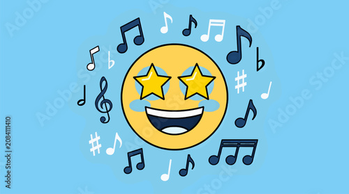 Happy Yellow Emoji Face with Star Eyes Laughing Amidst Floating Musical Notes and Symbols on a Light Blue Background, Flat Vector Illustration
