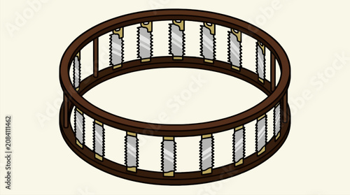 Isometric Flat Vector Illustration of a Circular Wooden Structure with Saw Blade Rungs, Conceptual Design Element