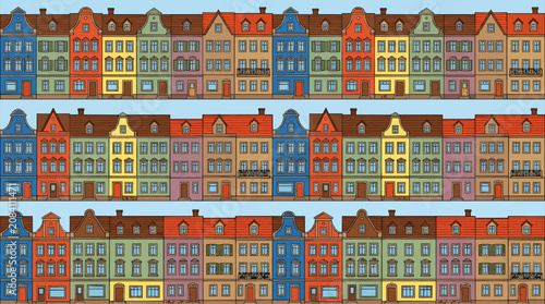 Flat Vector Repeating Pattern of Colorful European Townhouses in Rows, Featuring Diverse Facade Colors and Architectural Styles, Against a Light Blue Sky Background