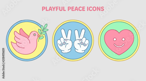 Playful Flat Design Peace Icons: Pink Dove with Olive Branch, Two Hands Making Peace Sign, and Smiling Heart Symbol, Set on Pastel Circles with Copy Space