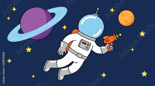 Retro Flat Vector Illustration of an Astronaut in Space Holding a Ray Gun, with a Ringed Planet and Moon in the Background, Dark Blue Starry Sky