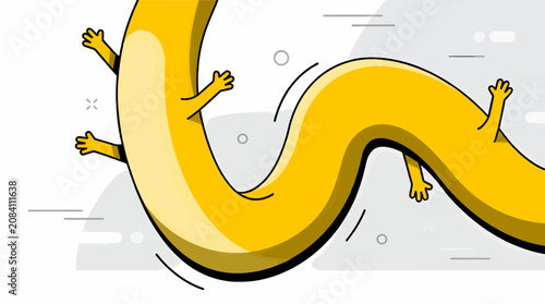 Slim Yellow Monster Character with Multiple Small Arms, Flat Design Vector Illustration with Minimalist Geometric Background Elements and Copy Space