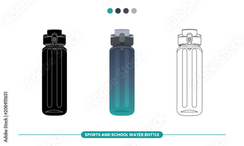 Sports and school water bottle vector illustration displayed in front view with black, colored, and outline styles for branding, packaging, education, fitness, and product presentation.