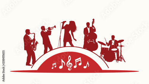 Photography Red silhouette of a jazz band performing on stage with music notes illustration