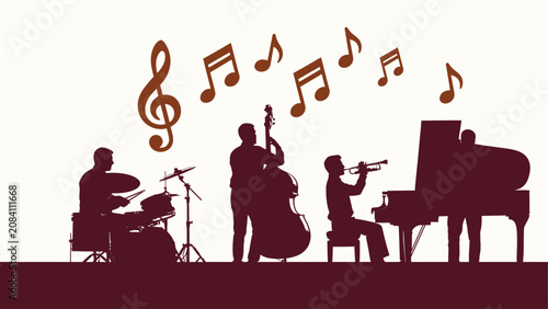 Photography Jazz band silhouette illustration with musicians playing drums, double bass, trumpet, and piano