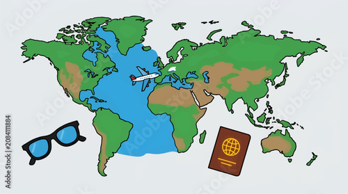 Flat Vector Illustration of World Map with Tiny Airplane Flying Over Europe, Passport and Sunglasses Nearby, Travel Concept