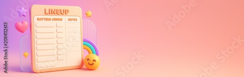 Sport lineup chart mockup with pastel 3D elements including rainbow, emoji, a...