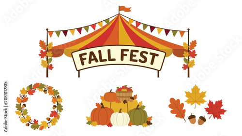 Foto Fall festival tent sign with autumn leaves wreath and pumpkin pile for seasonal