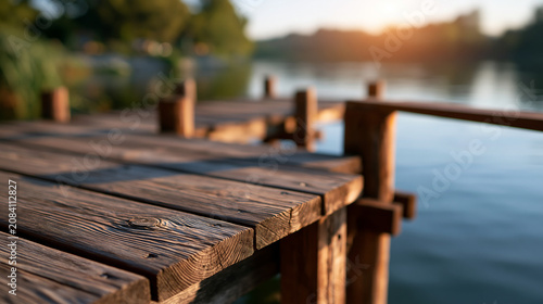 Empty wooden deck by a tranquil lakeside, clean product display background for outdoor branding and marina lifestyle, defocused calm lake in background, wooden deck lakeside