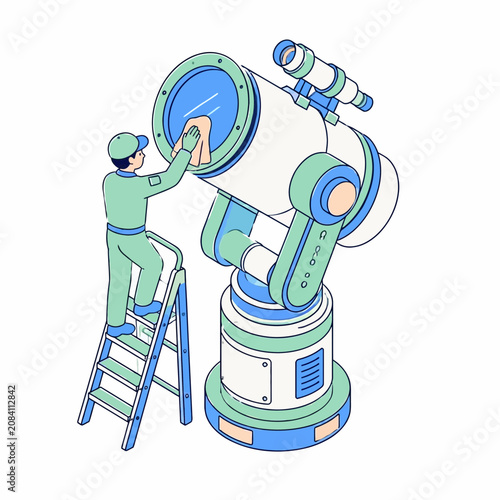 Isometric vector illustration of a technician in a green uniform standing on a ladder to clean the lens of a large white and blue astronomical telescope with a cloth.