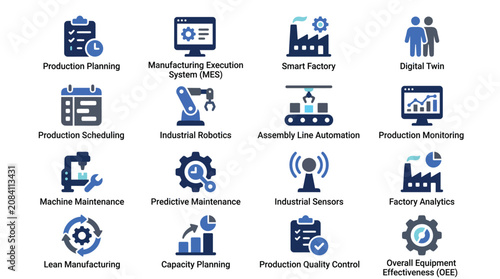 Industrial icons, manufacturing symbols, factory automation graphics, 16 production concepts