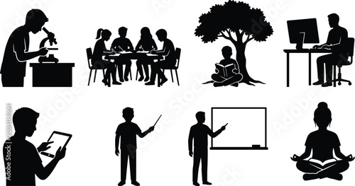 Foto Vector silhouette set of students and teachers studying researching with microsc