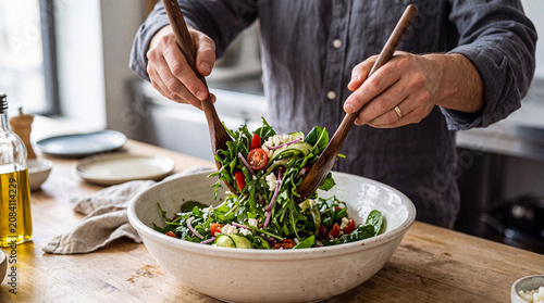 Photos A person's hands skillfully mix a vibrant, healthy green salad with fresh vegetables in a white bowl