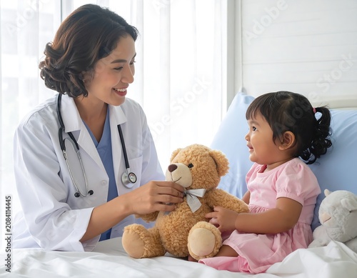 A kind medical professional smiles at a young child holding a teddy bear on a bed in a light-filled room
