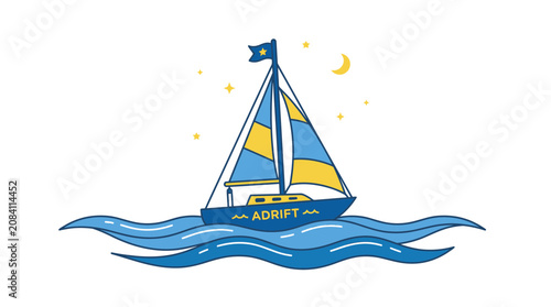 Photos Sailboat Adrift on Wavy Ocean Under Starry Night Sky with Crescent Moon