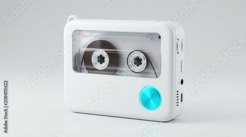 Portable cassette player in white color with transparent cover, showcasing two reels and a blue control button, positioned on a light gray background