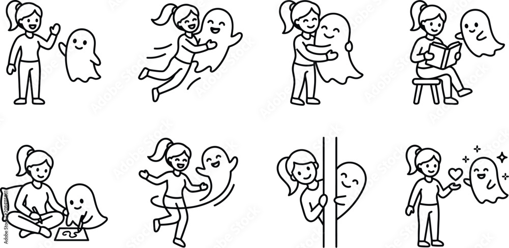 Obraz premium Cute Girl and Friendly Ghost Friend Line Art Vector Icon Set