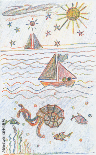 Colorful seascape illustration featuring two sailboats on wavy water, with the sun and stars in the sky. Below the surface, a nautilus shell and sea creatures like fish and seaweed are depicted.