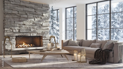 Cozy living room with stone fireplace, comfortable sofa, and snowy winter landscape visible through large windows.