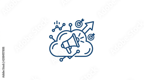 Digital marketing strategy cloud megaphone target growth arrow.