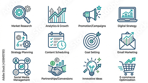 Digital Marketing Strategy Icons Set Business Concepts.