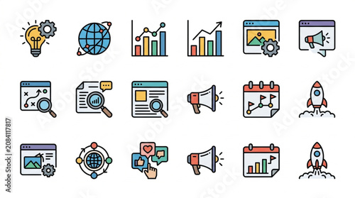 Digital Marketing Strategy Icons Set.