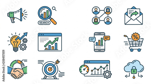 Digital Marketing Strategy Icons Set for Business Growth.