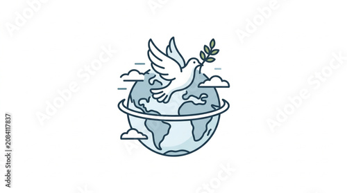 Dove carrying olive branch flying over planet Earth symbol.