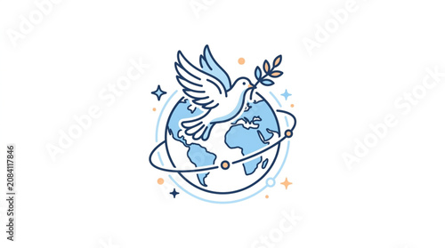 Dove carrying olive branch flying around planet earth symbolizing peace and hope.