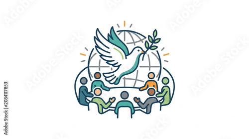 Dove of Peace Flies Over Diverse Group of People Around Globe.