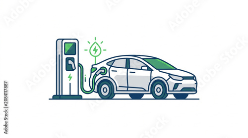 Electric car charging at a modern charging station with green energy symbol.