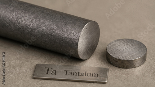 Metal pieces of tantalum are shown on a brown surface with a nameplate displaying the chemical symbol and name of the element
