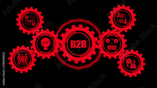 Quadro em tela A glowing red b2 b business concept featuring a central gear surrounded by small