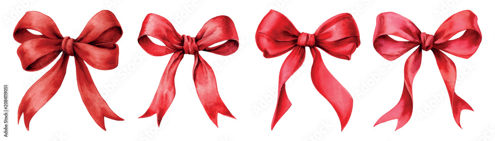 Fototapeta premium Set of four red watercolor bows, hand drawn ribbons creating festive decorations for holiday gifts, christmas, valentine's day, anniversaries, and special occasion celebrations