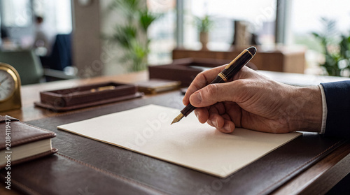 Quadro su tela Elegant male hand holding a classic fountain pen, ready to write on a pristine blank paper sheet on a leather desk