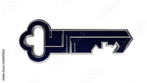 A stylized key with a dark blue fill and silver outline, set against a white background.