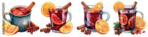 Fotografía Mulled wine drinks watercolor illustration set, featuring hot beverages in vario