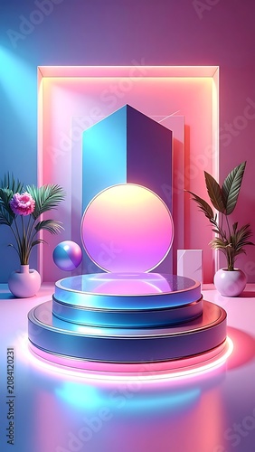 A futuristic neon-lit room with geometric shapes and plants