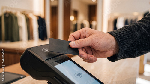 Foto Customer's hand initiating a swift contactless payment with a black credit card at a modern POS terminal
