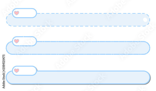 Cute pastel blue lower third banners and twitch stream overlay elements set. Kawaii lavender horizontal text boxes with pink heart icon for video editing and live streaming UI