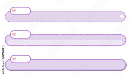 Cute pastel purple lower third banners and twitch stream overlay elements set. Kawaii lavender horizontal text boxes with pink heart icon for video editing and live streaming UI