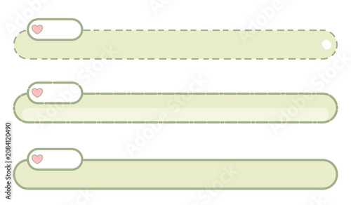 Cute pastel green lower third banners and twitch stream overlay elements set. Kawaii lavender horizontal text boxes with pink heart icon for video editing and live streaming UI