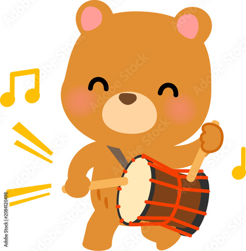 和太鼓を鳴らしながら歩くクマのキャラクター