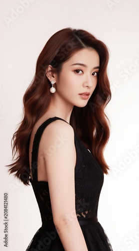 Young woman wears black lace dress and pearl earrings. She has wavy brown hair and elegant makeup. Her pose is sophisticated and graceful. She looks confident and stylish.